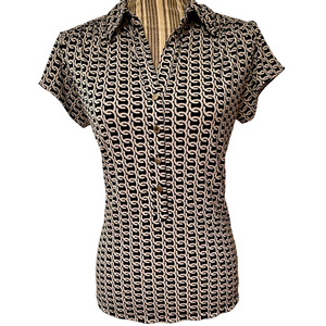 ALFANI Black & White geometric pattern short sleeve top w 4 silver tone buttons